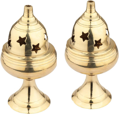 BHOOKAN SAARAN INTERNATIONAL Apple Nanda Shape Brass Akhand Diya with Stand & Star Cut Design | Puja Oil Lamp Brass (Pack of 2) Table Diya Set(Height: 4.3 inch)