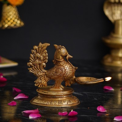 eCraftIndia Golden Decorative Handcrafted Peacock Brass Diya Stand Brass Table Diya(Height: 6.69 inch)