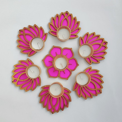 GIFT JAIPUR 7 Pink Diwali Decorative Lotus diyas Rangoli tealight candle holder Wood (Pack of 7) Table Diya Set(Height: 1 inch)