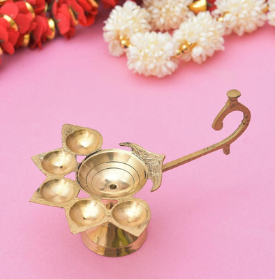 DARIDRA BHANJAN Brass Panch Aarti Five Face Pooja Diya with Handle/Stand for Temple Brass Table Diya(Height: 3 inch)