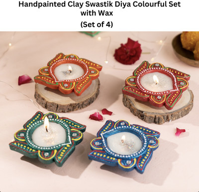 Decorkrafts Colourful Handpainted Swastik Diya set with Wax (Pack of 4) Earthenware (Pack of 4) Table Diya Set(Height: 3 inch)
