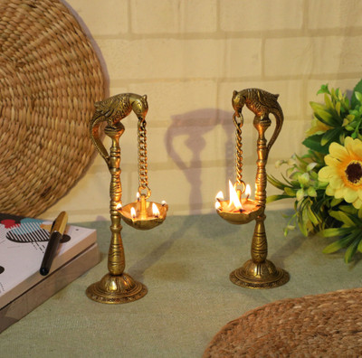 Mla’s Decor Parrot Design Brass Hanging Diya Pair Antique Golden Standard Brass (Pack of 2) Hanging Diya Set(Height: 7.5 inch)