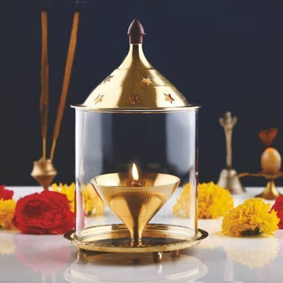 T-KA108 Golden Akhand deep Diya WIth Cover high quality Brass Table Diya Brass Table Diya(Height: 4.5 inch)