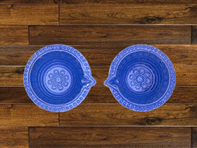 SOMUDEE Blue Diya | Diyas for Pooja (Pack of 2) Earthenware (Pack of 2) Table Diya(Height: 3 inch)