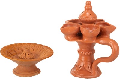 Karru Krafft Karru Krafft Stand Panch Diya and Incense Stick holder set for Home Fragrance Terracotta Table Diya(Height: 8 inch)