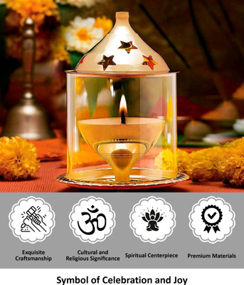 T-KA108 Akhand Diya Brass & Borosilicate Glass Size: Medium Brass Table Diya(Height: 5 inch)