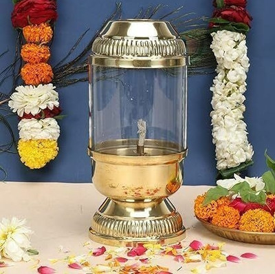 BHAKTIKART Akhand Deep, Brass Borosilicate Glass Table Diyafor diwali pooja Brass Table Diya(Height: 6.25 inch)
