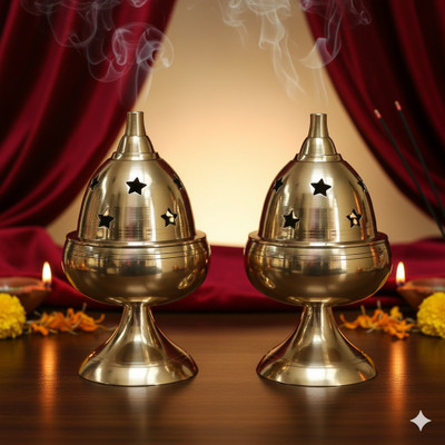 BHOOKAN SAARAN INTERNATIONAL Brass Apple Nanda Pooja Diya | Akhand Diwali Diya with Star Holes Puja Oil Lamp Brass (Pack of 2) Table Diya Set(Height: 4.75 inch)