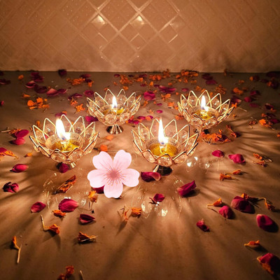 DARIDRA BHANJAN Brass Diya for Puja Set 4 Crystal Deepak Diwali Decor Akhand Diya Brass (Pack of 4) Table Diya Set(Height: 2.5 inch)