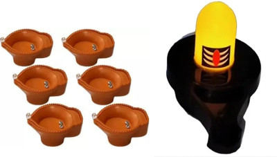 QinPin Combo of Water Sensor Shivlng & 6 Diyas Smokeless LED Lights Decor Plastic (Pack of 7) Table Diya Set(Height: 1.5 inch)