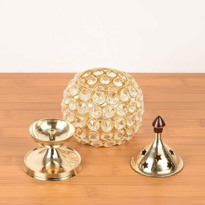 DARIDRA BHANJAN Crystal Table Diya,Diyas For Pooja Brass Puja Diya Oil Lamp,Diamond Crystal Diya Brass Table Diya(Height: 5 inch)