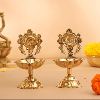 Flickkerbox Brass Shanku Chakra Kuber Diya, Deepam for Home Pooja Decor Brass Table Diya Set(Height: 3.5 inch)