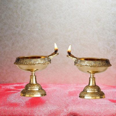 DARIDRA BHANJAN Kuber Diya Deepam Akhand Diya on Stand for Pooja and Diwali Festival Brass (Pack of 2) Table Diya(Height: 2 inch)