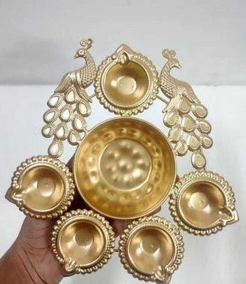 komal collectives Peacock Design Brass Metal Diya Holder For Diwali/ Navratri Plastic Table Diya Set(Height: 7 inch)