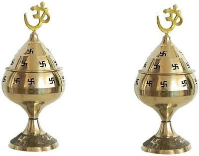 Hi Retails Om and Swastik Symbol Decorative Brass Diya Brass (Pack of 2) Table Diya(Height: 6 inch)