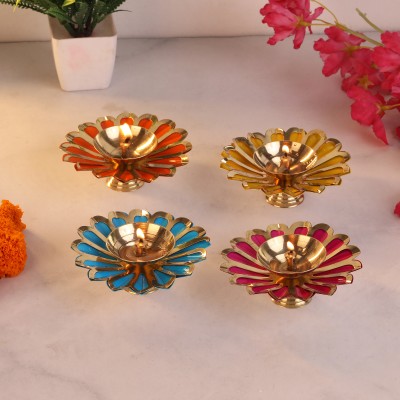 Hi Retails Flower Design Akhand Diya Set For Festival & Home Decor Brass (Pack of 4) Table Diya Set(Height: 5 inch)