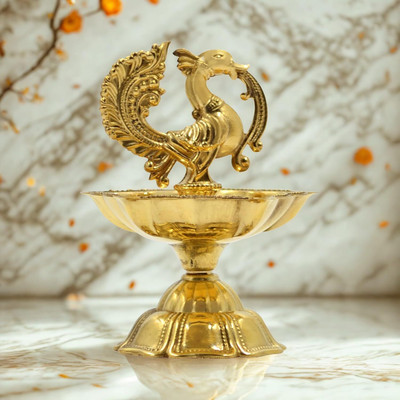 RamMetals Pure Brass Diya, Peacock Design Brass Diya Set of 1 Brass Table Diya(Height: 2.7 inch)