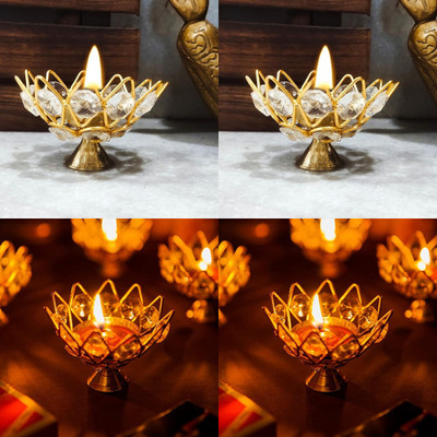 SBBCO Handcrafted Brass Akhand Jyoti Crystal Round Shape Kamal Deep Brass Crystal Diya Brass Table Diya Set(Height: 2.5 inch)