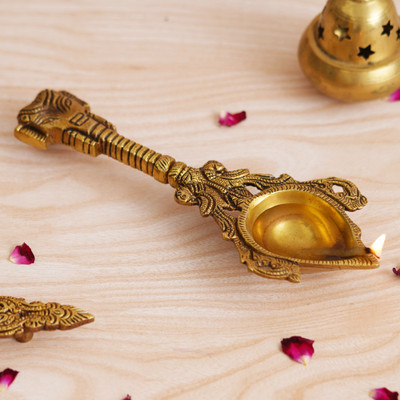 eCraftIndia Golden Handcrafted Ethnic Design Brass Diya with Handle Brass Table Diya(Height: 0.98 inch)