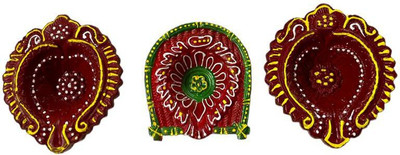 Lakhdatar Mall Diwali Pujan Colourful Fancy Gujrati Designer Mitti Diya Terracotta (Pack of 3) Table Diya Set(Height: 3.5 inch)