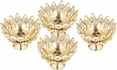 Crinikle Small Brass and crystal Akhand diya Bowl style. Brass (Pack of 4) Table Diya Set(Height: 1.9 inch)