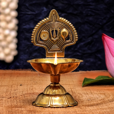 Aksharveda Shankh Chakra Brass Diya Brass Table Diya(Height: 4 inch)