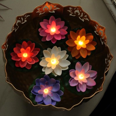 Menka Water Sensor Lotus Diya Flameless Smokeless Floting Led candle Pink, Red, White, Yellow, Purple, Orange Lotus Artificial Flower(9 cm, Pack of 6, Flower with Basket)