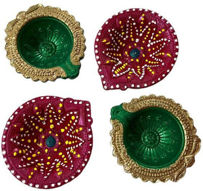 Lakhdatar Mall Diwali Pujan Colourful Fancy Gujrati Designer Mitti Diya Terracotta (Pack of 4) Table Diya Set(Height: 3.5 inch)