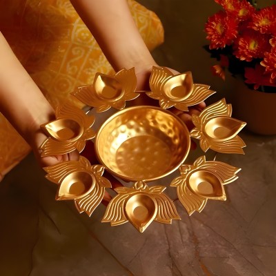 ZUNISHOP Iron Lotus Design Urli / Golden Shiny Finish / 7 Diyas Urli Iron Table Diya(Height: 10 inch)