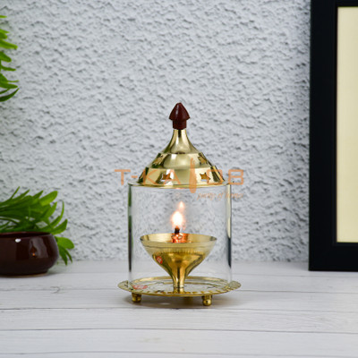 T-KA108 6.1 Inch Akhand Diya Decorative Brass & Cylinderical Glass Diya (Gold and White) Brass Table Diya(Height: 6 inch)