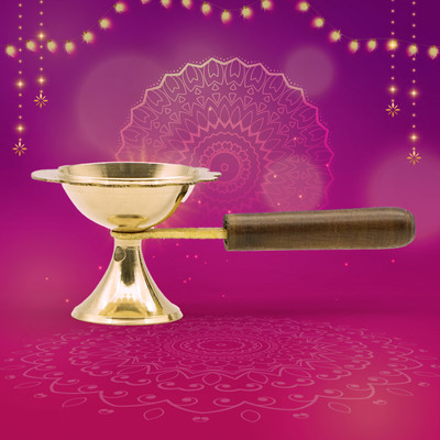 Puja N Pujari Brass Aarti Lamp/Dhoop Stand with Wooden Handle Brass Table Diya(Height: 2.5 inch)