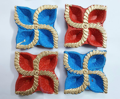 ONRR Collections Red blue square Teracotta clay diyas pack of 4 diyas with ctton wick Earthenware (Pack of 4) Table Diya Set(Height: 3 inch)