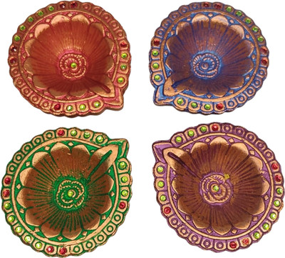 Srajan Creation Handmade Terracotta Multicolor Mix Diyas Candels for Diwali Puja & Festivals Terracotta (Pack of 4) Table Diya Set(Height: 7.08 inch)