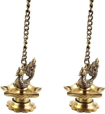 Artivia Peacock Hanging Deepak | Brass Peacock Carved Antique Yellow Brass (Pack of 2) Hanging Diya Set(Height: 11 inch)