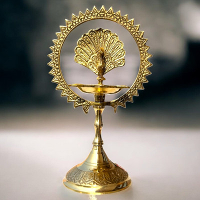 Obs Pure Brass More Kiran Diya | Handcrafted Pooja Oil Lamp for Home & Temple Brass Table Diya(Height: 7 inch)