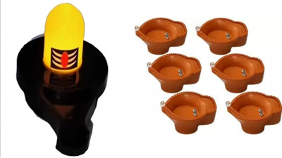 QinPin Combo of Water Sensor Shivlng and 6 Diyas LED Smokeless Lights Puja Plastic (Pack of 7) Table Diya Set(Height: 1.5 inch)