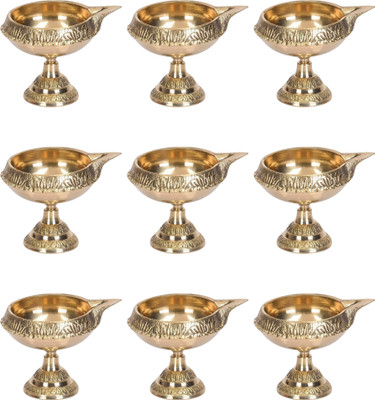 Art N Hub Beautiful Design Stand Diya Set Brass (Pack of 9) Table Diya(Height: 2.5 inch)
