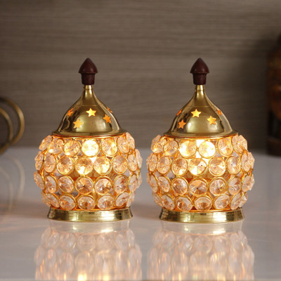 eCraftIndia Set of 2 Crystal and Brass Akhand Diya Crystal (Pack of 2) Table Diya Set(Height: 4 inch)