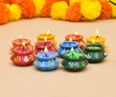 PRIDE STORE Handmade Diya for Diwali Terracotta Clay Colorful Matki Diya Set 10 Pcs Diyas Terracotta (Pack of 10) Table Diya Set(Height: 2 inch)