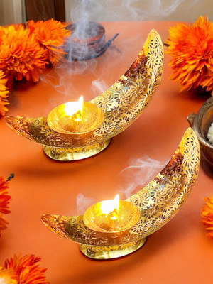 Grehshobha Half Moon Shadow Diya | Crescent Moon Akhand Jyot | Home Décor | Length 5 Inch Brass (Pack of 2) Table Diya Set(Height: 4 inch)