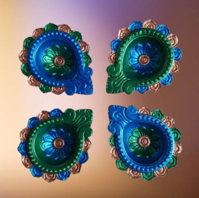 JayDeep Arts Exclusive Hand-Painted Designer Diya for Diwali | Gifting | Festive | Clay Terracotta (Pack of 4) Table Diya Set(Height: 1 inch)