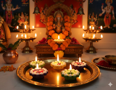 Vyom Online Store Colourful Diwali Clay Diya Set - 12 Teracotta Waxed Filled Mitti Diya Ceramic (Pack of 12) Table Diya Set(Height: 3 inch)