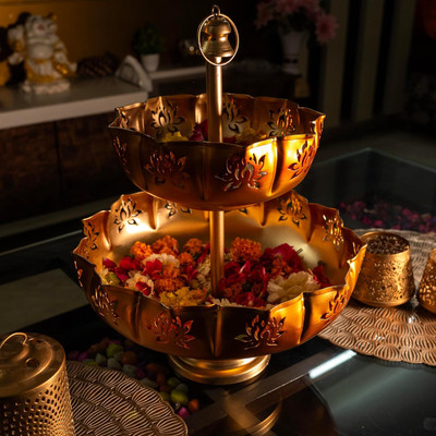 MUSAINDUSTRIES 2-Tier Lotus Design Bowl Stand Flower Display Tray for Home Décor & Festive item Iron Hanging Diya(Height: 15 inch)