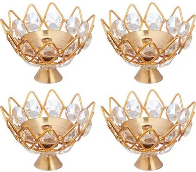 DARIDRA BHANJAN Set of 4 Golden Crystal Brass Diyas for Diwali Pooja,Navratri Pooja Brass (Pack of 4) Table Diya Set(Height: 3 inch)