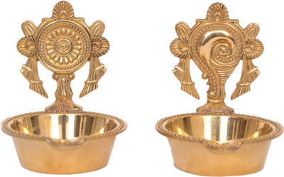 T-KA108 Traditional Shanku Chakram Tilak For Home Temple Brass (Pack of 2) Table Diya Set(Height: 3.4 inch)