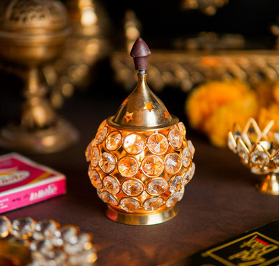 T-KA108 Brass and Crystal Matki Shape Akhand Diya/Table Deepak/Oil Lamp/Medium Size Brass Table Diya Set(Height: 5.5 inch)