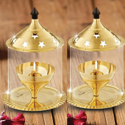 DARIDRA BHANJAN Premium Brass & Glass Akhand Diya/Oil Lamp/Pooja Deepak (Pack of 2 ) Brass Table Diya(Height: 5 inch)