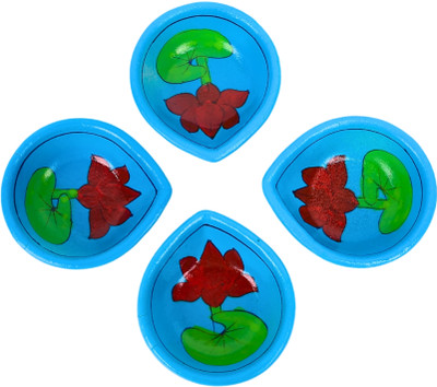 Natriel Handmade Diwali Diyas – Earthen Pottery, Handpainted & Assorted Colours Ceramic (Pack of 4) Table Diya(Height: 0.78 inch)