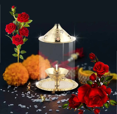 T-KA108 Akhand Diya Brass & Borosilicate Glass Size: Large Brass Table Diya(Height: 5.5 inch)