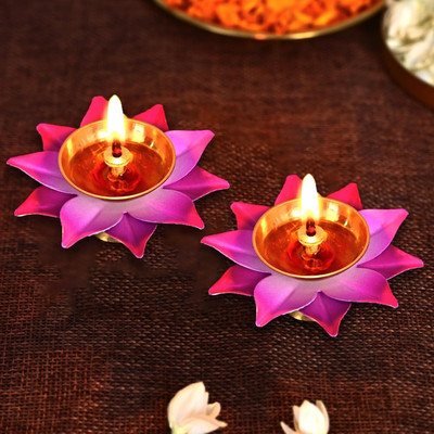 DecorTwist Brass Lotus Shape Deepak Akhand Diya for Puja Arti In Home and Office Brass (Pack of 2) Table Diya(Height: 4 inch)